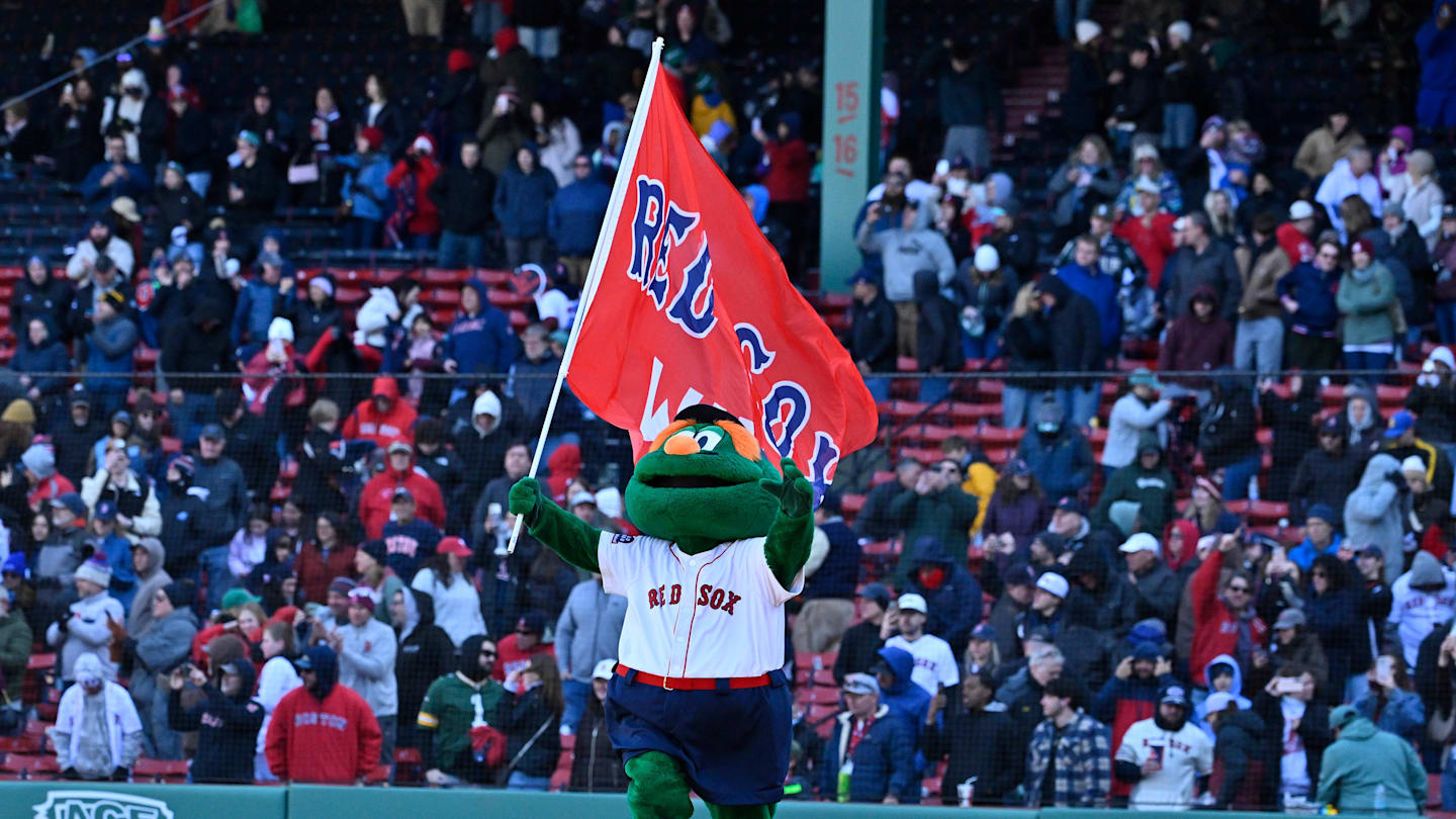 Apr 8, 2026; Boston, Massachusetts, USA; Wally the Boston Red Sox mascot celebrates the team's victory against the Milwaukee Brewers at Fenway Park. Mandatory Credit: Eric Canha-Imagn Images