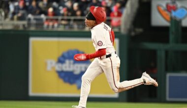 Apr 7, 2026; Washington, District of Columbia, USA; Washington Nationals right fielder Daylen Lile (4) looses his helmet while sprinting to third base against the St. Louis Cardinals during the fifth inning at Nationals Park. Mandatory Credit: Rafael Suanes-Imagn Images