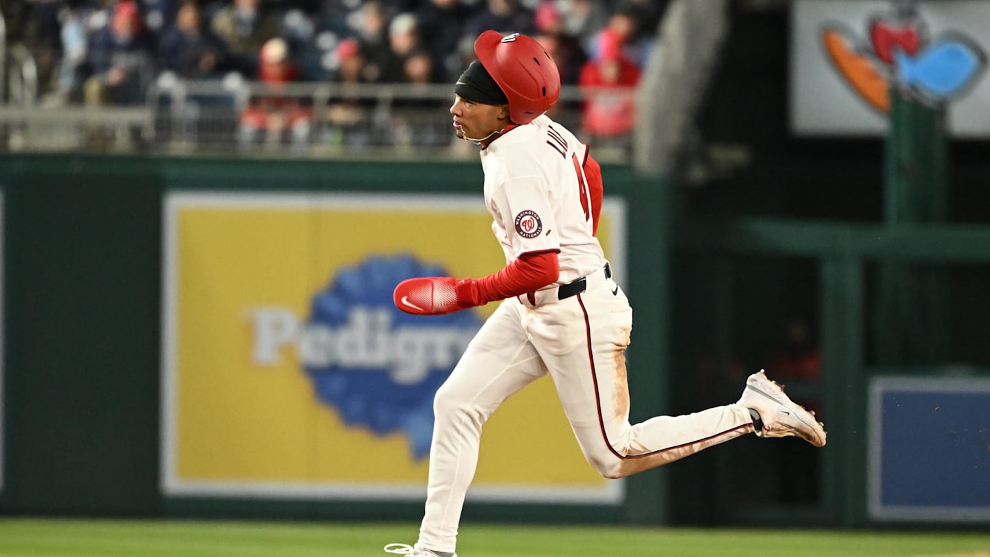 Apr 7, 2026; Washington, District of Columbia, USA; Washington Nationals right fielder Daylen Lile (4) looses his helmet while sprinting to third base against the St. Louis Cardinals during the fifth inning at Nationals Park. Mandatory Credit: Rafael Suanes-Imagn Images