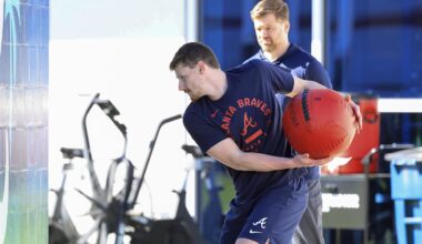Feb 10, 2026; North Port, FL, USA;  Atlanta Braves catcher Sean Murphy (12) works out during spring training workouts. Mandatory Credit: Kim Klement Neitzel-Imagn Images