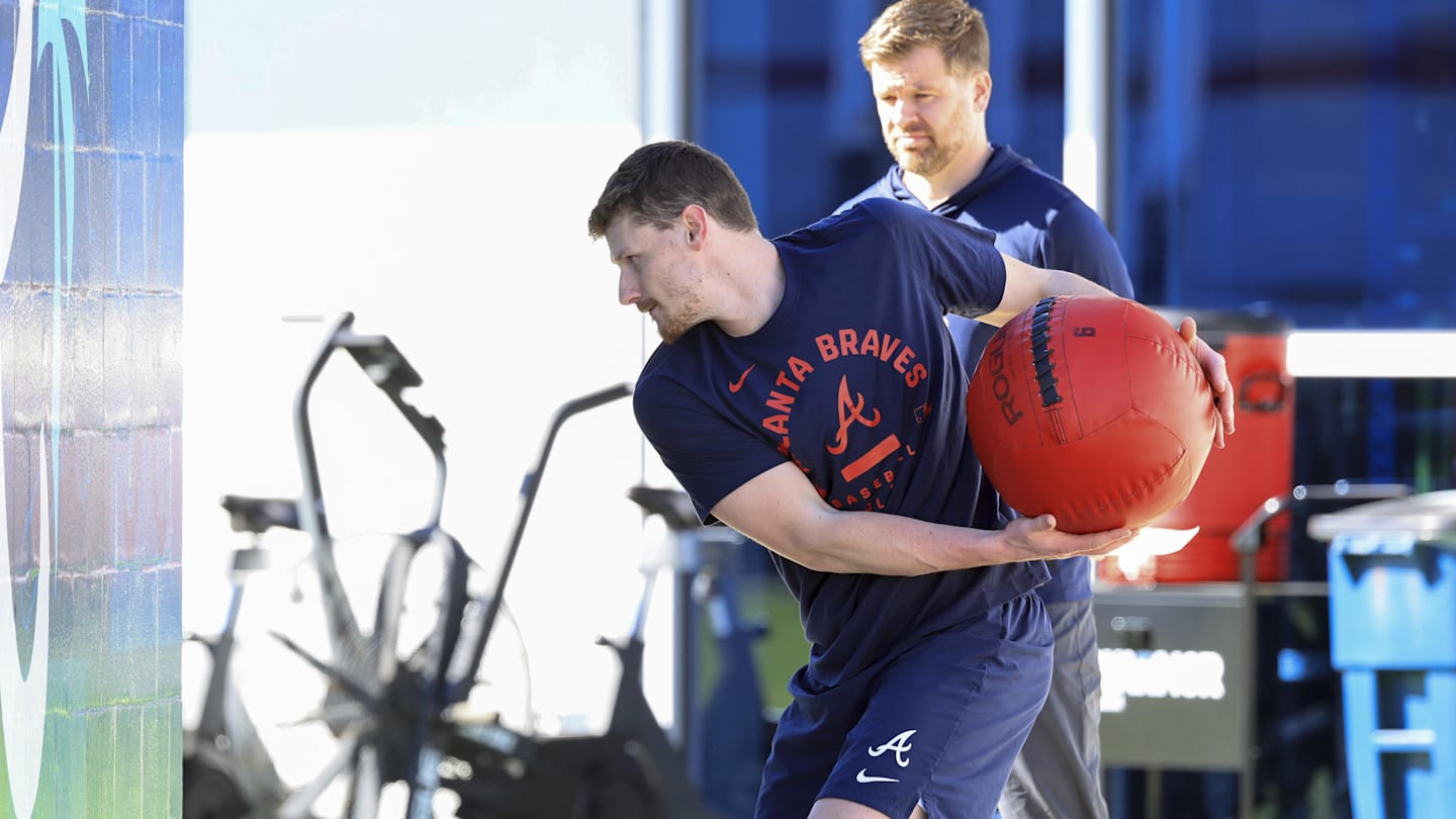 Feb 10, 2026; North Port, FL, USA;  Atlanta Braves catcher Sean Murphy (12) works out during spring training workouts. Mandatory Credit: Kim Klement Neitzel-Imagn Images