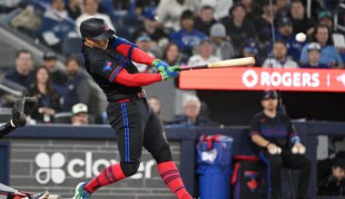 Apr 10, 2026; Toronto, Ontario, CAN;  Toronto Blue Jays designated hitter George Springer (4) hits a double against the Minnesota Twins in the sixth inning at Rogers Centre. Mandatory Credit: Dan Hamilton-Imagn Images