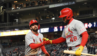 Apr 7, 2026; Washington, District of Columbia, USA; St. Louis Cardinals second baseman Thomas Saggese (25) celebrates scoring a run with catcher Ivan Herrera (48) against the Washington Nationals during the tenth inning at Nationals Park. Mandatory Credit: Rafael Suanes-Imagn Images
