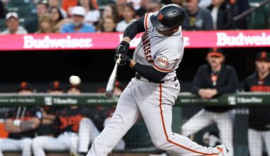 Apr 11, 2026; Baltimore, Maryland, USA; San Francisco Giants designated hitter Rafael Devers (16) hits a single during the second inning against the Baltimore Orioles at Oriole Park at Camden Yards. Mandatory Credit: Daniel Kucin Jr.-Imagn Images