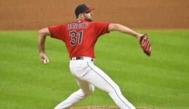 Sep 2, 2023; Cleveland, Ohio, USA; Cleveland Guardians relief pitcher Sam Hentges (31) delivers against the Tampa Bay Rays in the eleventh inning at Progressive Field. Mandatory Credit: David Richard-Imagn Images