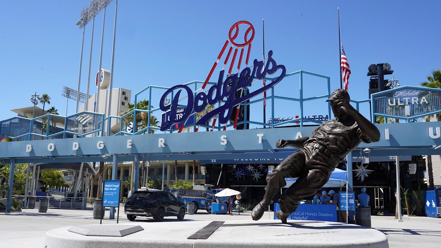 Jul 10, 2022; Los Angeles, California, USA; Statue of Jackie Robinson at Dodger Stadium before the game between the Chicago Cubs and Los Angeles Dodgers. Mandatory Credit: Kirby Lee-Imagn Images