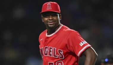 Mar 31, 2026; Chicago, Illinois, USA; Los Angeles Angels pitcher Jose Soriano (59) smiles after ending the the fifth inning against the Chicago Cubs at Wrigley Field. Mandatory Credit: Patrick Gorski-Imagn Images