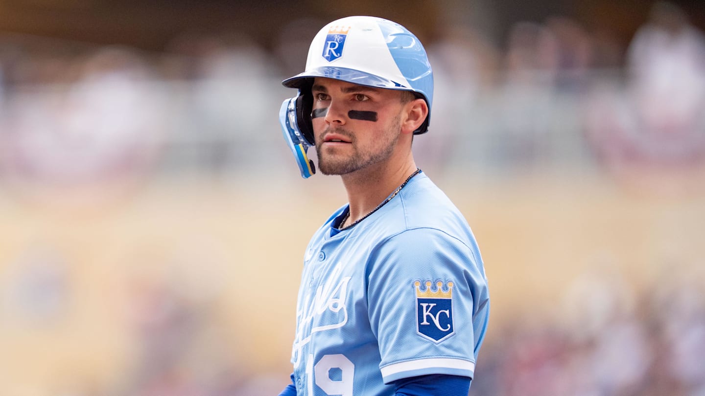 May 24, 2025; Minneapolis, Minnesota, USA; The third base umpire calls Kansas City Royals left fielder Michael Massey (19) out for swinging on a ball pitched by Minnesota Twins starting pitcher Zebby Matthews (52, not shown) in the second inning at Target Field. Mandatory Credit: Matt Blewett-Imagn Images