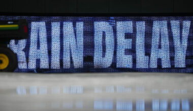Jul 11, 2025; Kansas City, Missouri, USA; A general view of the field with tarp on during a rain delay prior to a game between the Kansas City Royals and New York Mets at Kauffman Stadium. Mandatory Credit: Denny Medley-Imagn Images
