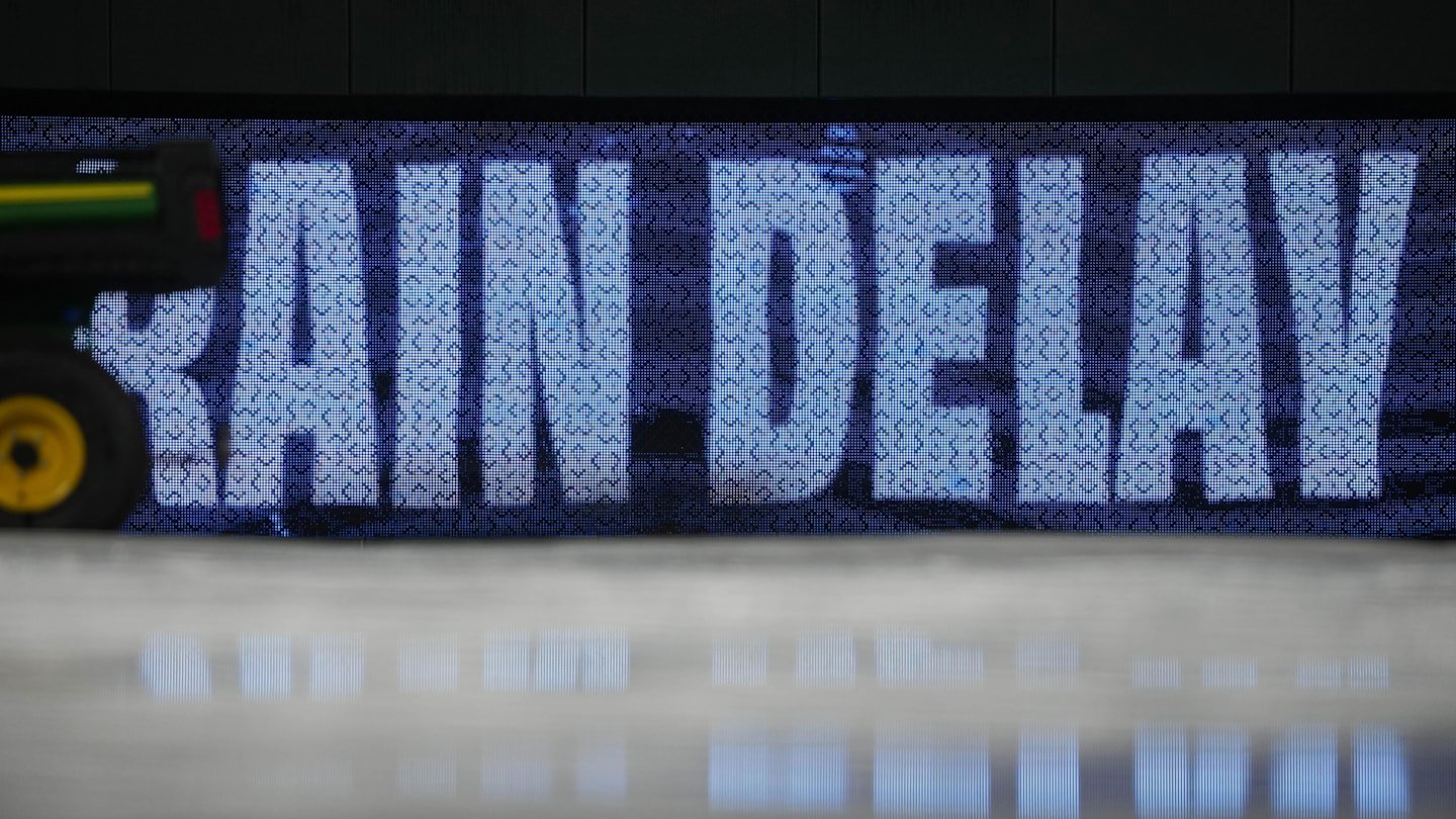 Jul 11, 2025; Kansas City, Missouri, USA; A general view of the field with tarp on during a rain delay prior to a game between the Kansas City Royals and New York Mets at Kauffman Stadium. Mandatory Credit: Denny Medley-Imagn Images