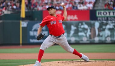 Apr 11, 2026; St. Louis, Missouri, USA; Boston Red Sox starting pitcher Ranger Suarez (55) pitches against the St. Louis Cardinals during the first inning at Busch Stadium. Mandatory Credit: Jeff Curry-Imagn Images