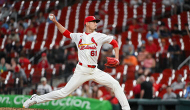 Apr 14, 2026; St. Louis, Missouri, USA; St. Louis Cardinals pitcher Riley O'Brien (61) pitches against the Cleveland Guardians during the tenth inning at Busch Stadium. Mandatory Credit: Jeff Curry-Imagn Images
