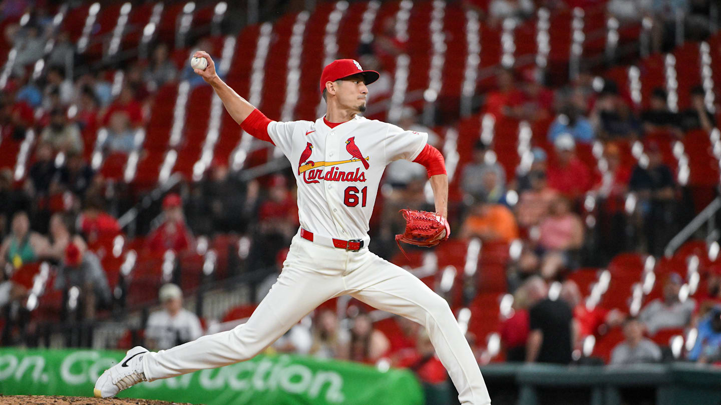 Apr 14, 2026; St. Louis, Missouri, USA; St. Louis Cardinals pitcher Riley O'Brien (61) pitches against the Cleveland Guardians during the tenth inning at Busch Stadium. Mandatory Credit: Jeff Curry-Imagn Images