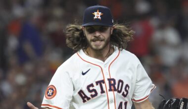Houston Astros starting pitcher Spencer Arrighetti (41) reacts