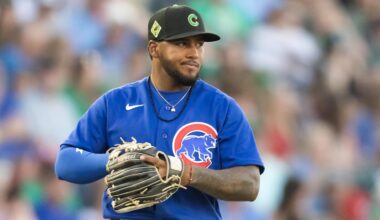 Mar 17, 2026; Mesa, Arizona, USA; Chicago Cubs third baseman Pedro Ramirez against the Los Angeles Angels during a spring training game at Sloan Park. Mandatory Credit: Mark J. Rebilas-Imagn Images