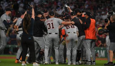 Sep 27, 2025; Boston, Massachusetts, USA; The Detroit Tigers celebrate their playoff berth after defeating the Boston Red Sox at Fenway Park. Mandatory Credit: Bob DeChiara-Imagn Images
