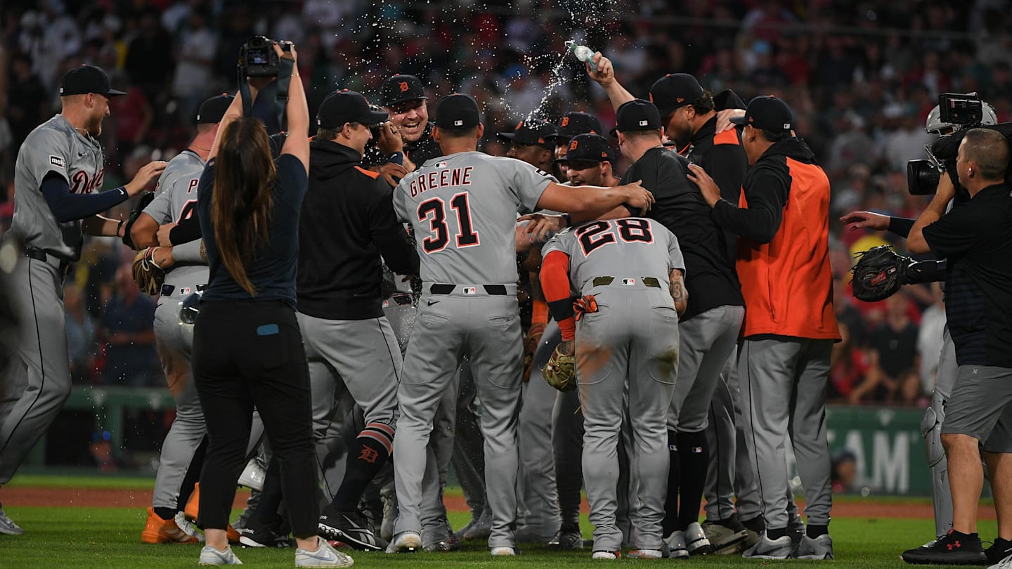 Sep 27, 2025; Boston, Massachusetts, USA; The Detroit Tigers celebrate their playoff berth after defeating the Boston Red Sox at Fenway Park. Mandatory Credit: Bob DeChiara-Imagn Images