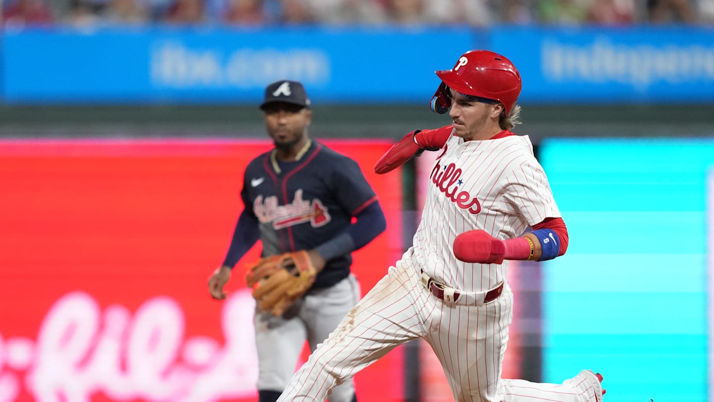 Aug 30, 2025; Philadelphia, Pennsylvania, USA; Philadelphia Phillies infielder Bryson Stott (5) rounds second base against the Atlanta Braves in the eighth inning at Citizens Bank Park. Mandatory Credit: Kyle Ross-Imagn Images