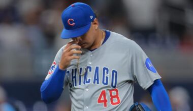May 19, 2025; Miami, Florida, USA; Chicago Cubs relief pitcher Daniel Palencia (48) reacts after giving up a walk-off triple against the Miami Marlins during the ninth inning at loanDepot Park. Mandatory Credit: Sam Navarro-Imagn Images