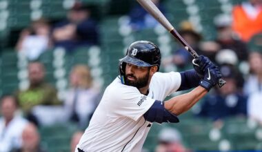 Detroit Tigers left fielder Riley Greene (31) bats against Kansas City Royals during the seventh inning at Comerica Park in Detroit on Thursday, April 16, 2026.