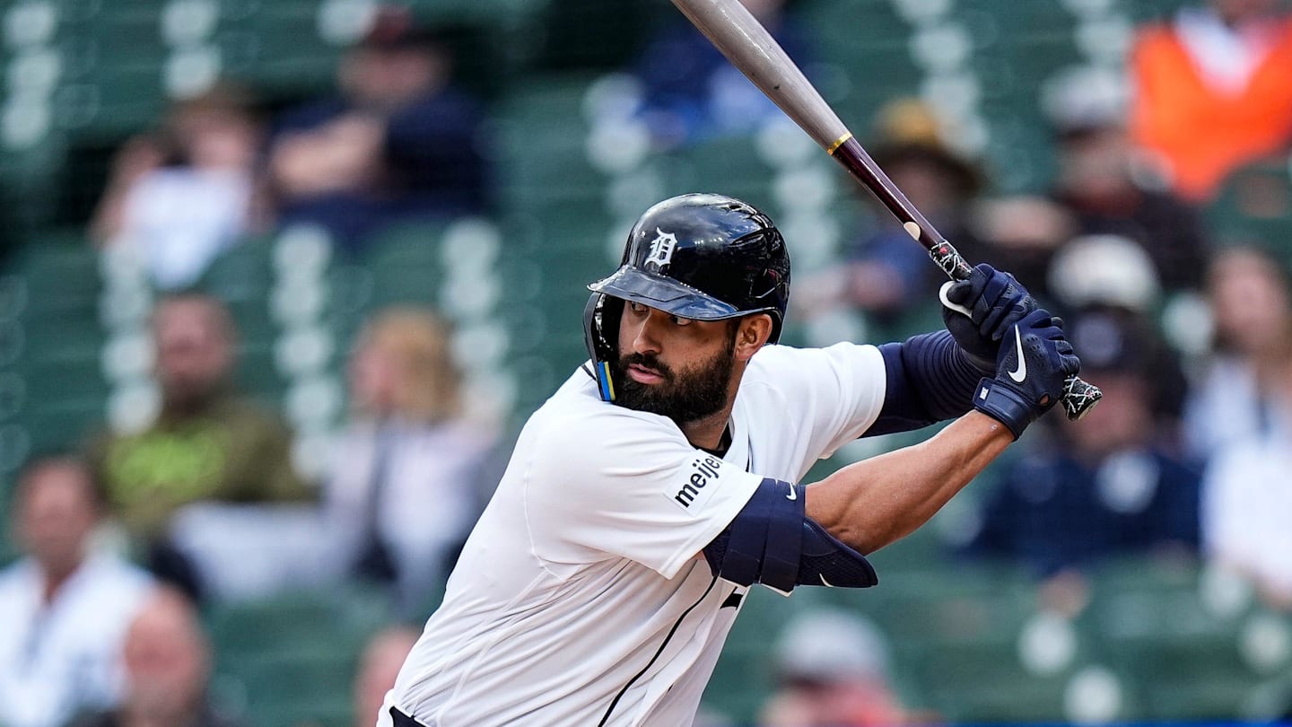 Detroit Tigers left fielder Riley Greene (31) bats against Kansas City Royals during the seventh inning at Comerica Park in Detroit on Thursday, April 16, 2026.