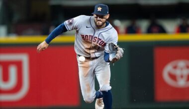 Apr 11, 2026; Seattle, Washington, USA; Houston Astros shortstop Carlos Correa (1) fields a ground ball during the eighth inning against the Seattle Mariners at T-Mobile Park. Mandatory Credit: Stephen Brashear-Imagn Images