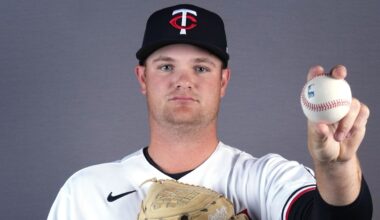 Feb 19, 2026; Lee County, FL, USA;  Minnesota Twins pitcher Connor Prielipp (61) poses during photo day at Hammond Stadium. Mandatory Credit: Jim Rassol-Imagn Images