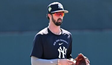 Feb 20, 2026; Sarasota, Florida, USA; New York Yankees shortstop Braden Shewmake (89) takes  infield before the start of the spring training game against the Baltimore Orioles at Ed Smith Stadium. Mandatory Credit: Jonathan Dyer-Imagn Images