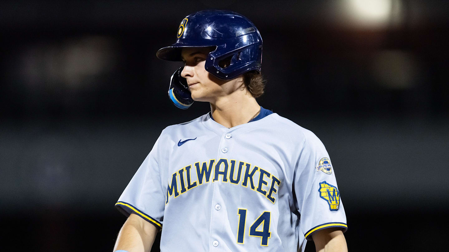Nov 9, 2025; Mesa, AZ, USA; Milwaukee Brewers outfielder Josh Adamczewski during the Arizona Fall League Fall Stars Game at Sloan Park. Mandatory Credit: Mark J. Rebilas-Imagn Images