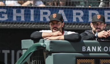 Apr 8, 2026; San Francisco, California, USA; San Francisco Giants Manager Tony Vitello looks on from the dugout in the bottom of the sixth inning against the Philadelphia Phillies at Oracle Park. Mandatory Credit: Justine Willard-Imagn Images