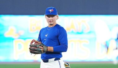 Sep 13, 2025; Toronto, Ontario, CAN; Toronto Blue Jays first round draft pick JoJo Parker gets ready to field balls during practice before a game against the Baltimore Orioles at Rogers Centre. Mandatory Credit: Nick Turchiaro-Imagn Images