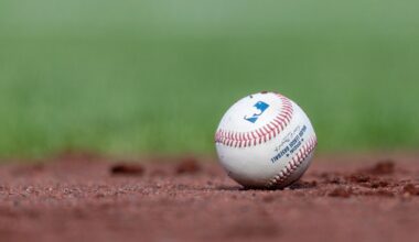 Jul 27, 2025; San Francisco, California, USA; A MLB baseball sits on the infield during the game between the San Francisco Giants and the New York Mets at Oracle Park. Mandatory Credit: Bob Kupbens-Imagn Images