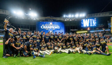 Milwaukee Brewers celebrate winning the NL Central Division championship.