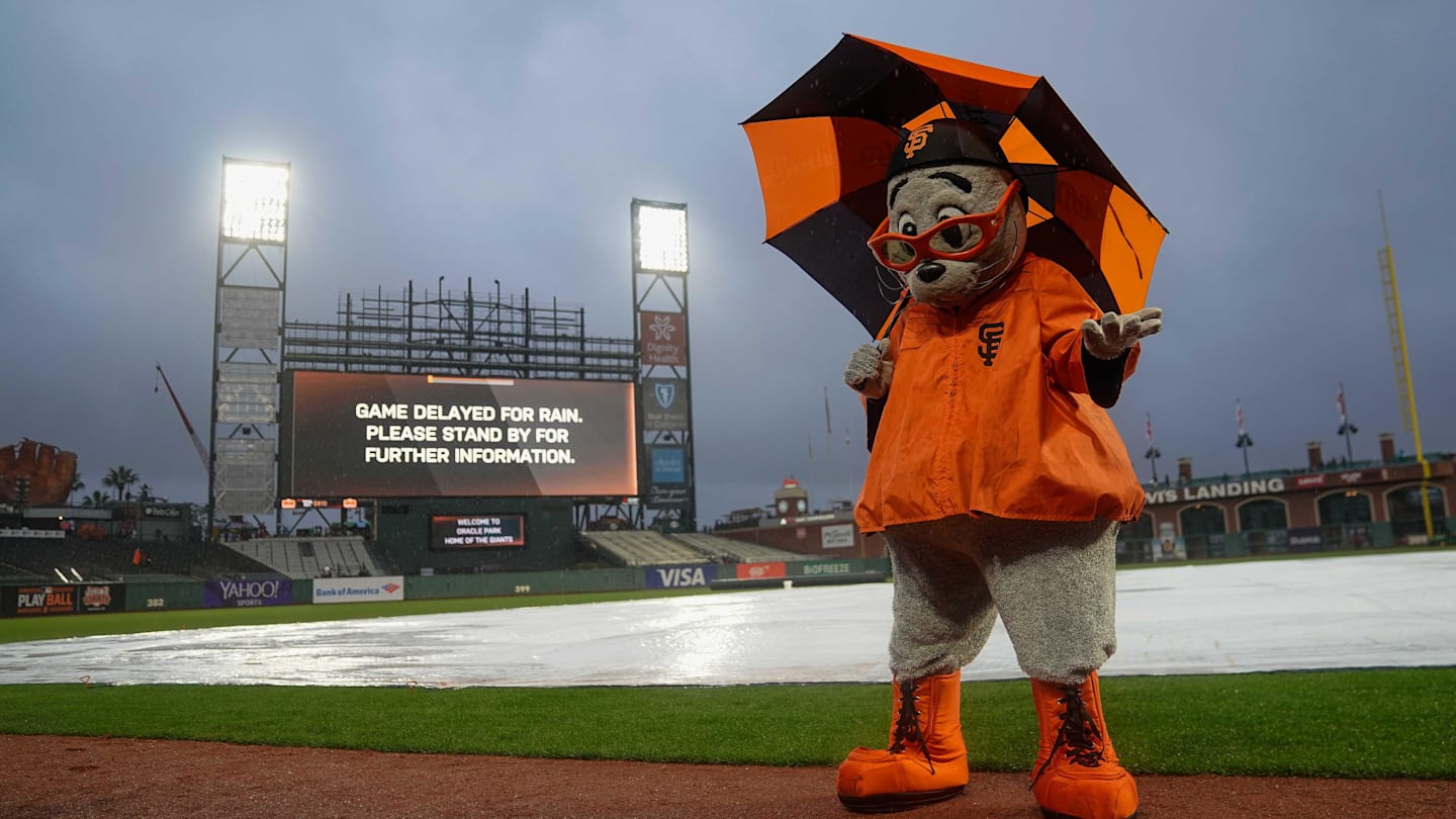 Mar 25, 2019; San Francisco, CA, USA; San Francisco Giants mascot Lou Seal stands in the rain before the game against the Oakland Athletics at Oracle Park. Mandatory Credit: Stan Szeto-Imagn Images