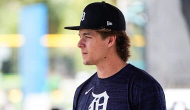 Detroit Tigers prospect Bryce Rainer watches practice during spring training at TigerTown in Lakeland on Friday, Feb. 20, 2025.
