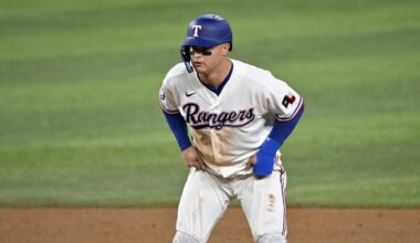 Apr 6, 2026; Arlington, Texas, USA; Texas Rangers designated hitter Joc Pederson (3) looks on during the game between the Rangers and the Mariners at Globe Life Field. Mandatory Credit: Jerome Miron-Imagn Images
