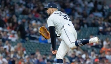 Apr 21, 2026; Detroit, Michigan, USA; Detroit Tigers pitcher Enmanuel de Jesus (37) throws during the seventh inning against the Milwaukee Brewers at Comerica Park. Mandatory Credit: David Reginek-Imagn Images