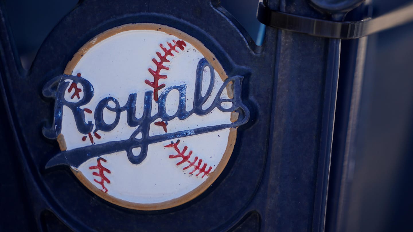 Apr 1, 2021; Kansas City, Missouri, USA; A general view of the Kansas City Royals logo on seats with complimentary flags for fans before the Opening Day game against the Texas Rangers Kauffman Stadium. Mandatory Credit: Denny Medley-Imagn Images