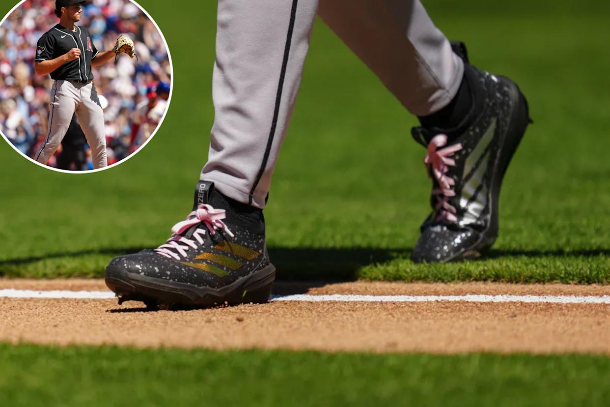 An image collage containing 2 images, Image 1 shows Baseball player Brandon Pfaadt walks on the field, showing his black and gold cleats with pink laces, Image 2 shows Arizona Diamondbacks pitcher Brandon Pfaadt receives a new ball after giving up a solo home run