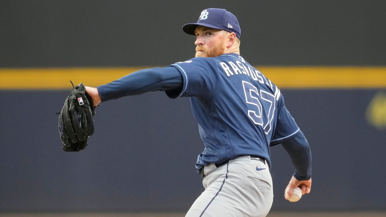 Tampa Bay Rays pitcher Drew Rasmussen throws during the first inning of a baseball game against the Milwaukee Brewers, Wednesday, April 1, 2026, in Milwaukee. (AP Photo/Kayla Wolf)