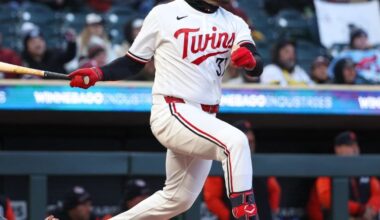 Minnesota Twins Catcher Victor Caratini hits an RBI Sac Fly against the Detroit Tigers during the third inning of a baseball game on April 6th 2026 in Minneapolis (AP Photo/Matt Krohn)