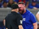 Toronto Blue Jays manager John Schneider lets umpire Dan Merzel have it in the fifth inning during Toronto's 4-1 loss to the Los Angeles Dodgers. Schneider was ejected from the game. 