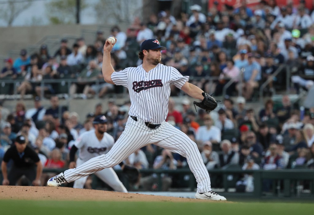Gerrit Cole throwing during his rehab start in Double-A on April 17, 2026.