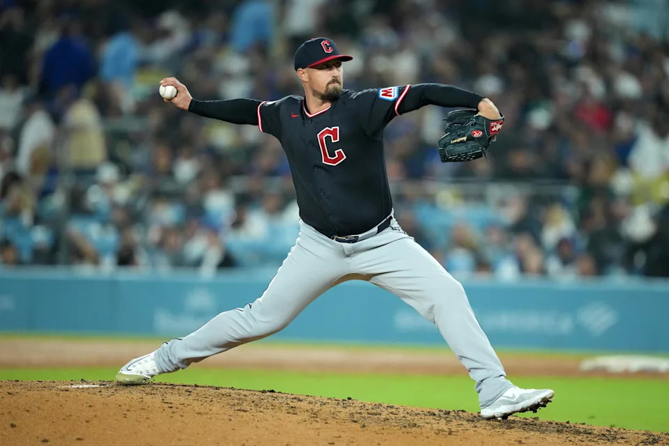 Mar 30, 2026; Los Angeles, California, USA; Cleveland Guardians pitcher Shawn Armstrong (43) throws against the Los Angeles Dodgers at Dodger Stadium. Mandatory Credit: Kirby Lee-Imagn Images