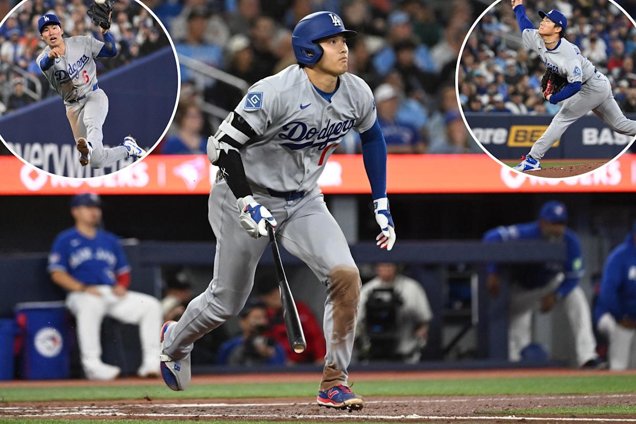 An image collage containing 3 images, Image 1 shows Shohei Ohtani of the Los Angeles Dodgers runs after hitting a single against the Toronto Blue Jays, Image 2 shows Los Angeles Dodgers shortstop Hyeseong Kim throws a baseball, Image 3 shows Los Angeles Dodgers starting pitcher Yoshinobu Yamamoto mid-delivery on the mound