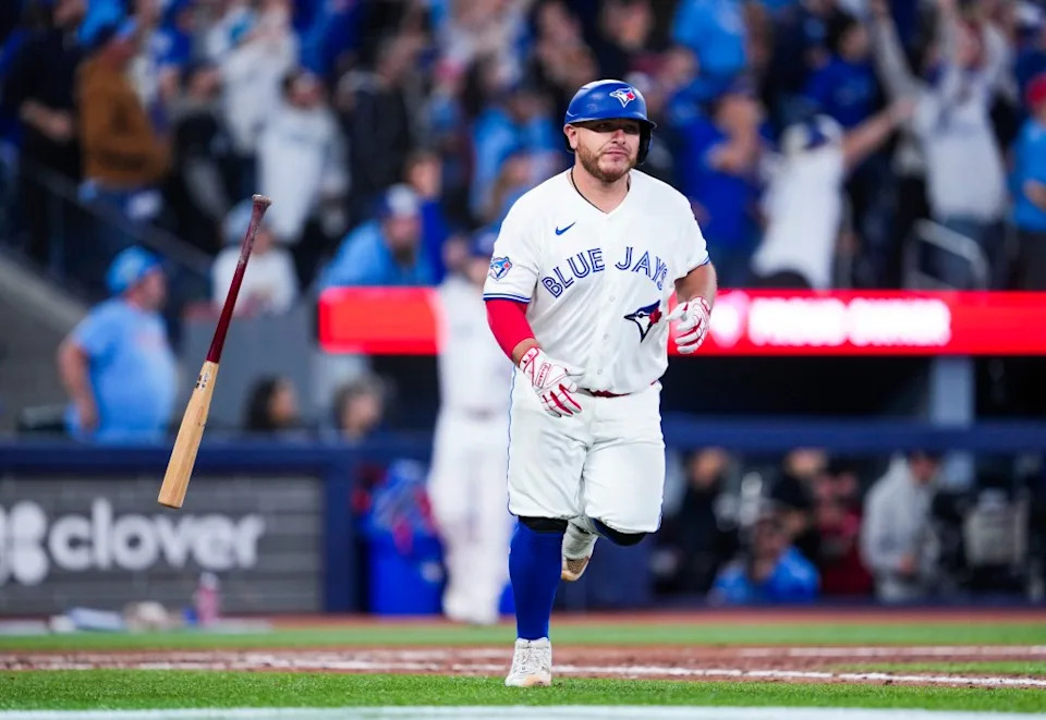 Alejandro Kirk #30 of the Toronto Blue Jays hits a home run against the Athletics during the ninth inning in their MLB game at the Rogers Centre on March 28, 2026 in Toronto, Ontario, Canada. Getty Images