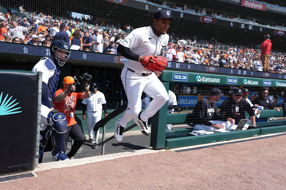 Detroit Tigers Pitcher Framber Valdez (59) runs to the mound at the start of the MLB game against St. Louis Cardinals during the Detroit Tigers home opener at Comerica Park in Detroit, Friday, April 3, 2026.