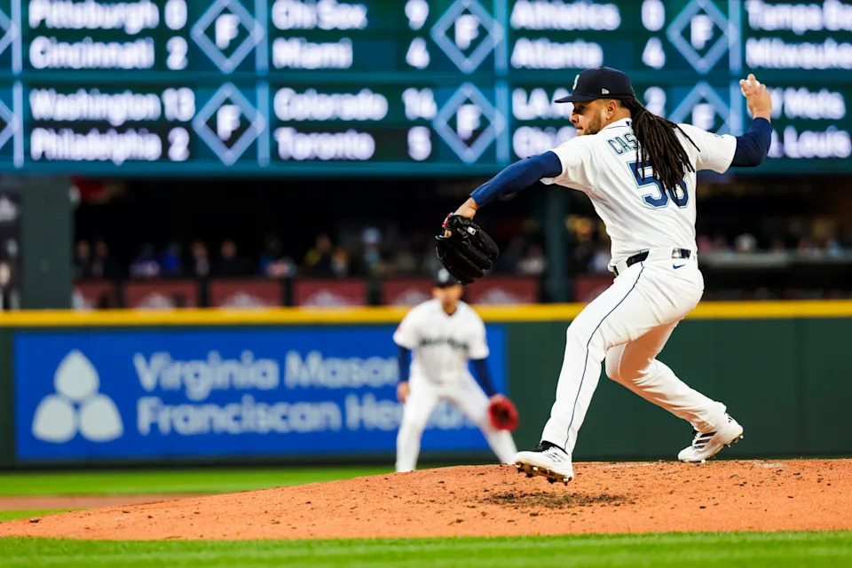 Seattle Mariners pitcher Luis Castillo throws during a game against the New York Yankees on March 30 at T-Mobile Park in Seattle. -- Joe Nicholson/Imagn Images.