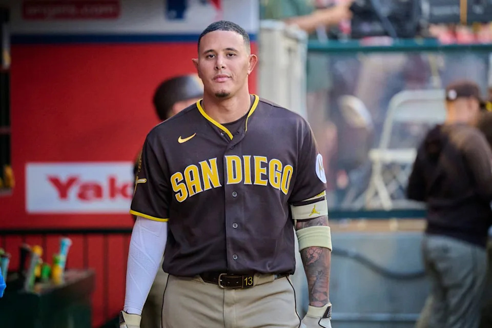 The San Diego Padres Manny Machado #13 in the dugout  during an MLB game against the Los Angeles Angels, April 18th, 2026 in Anaheim California.
