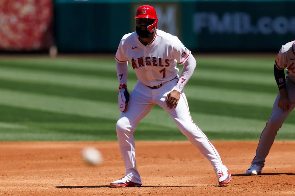 Jo Adell #7 of the Los Angeles Angels watches a pitch during the game against the Atlanta Braves at Angel Stadium of Anaheim on April 8, 2026 in Anaheim, California.